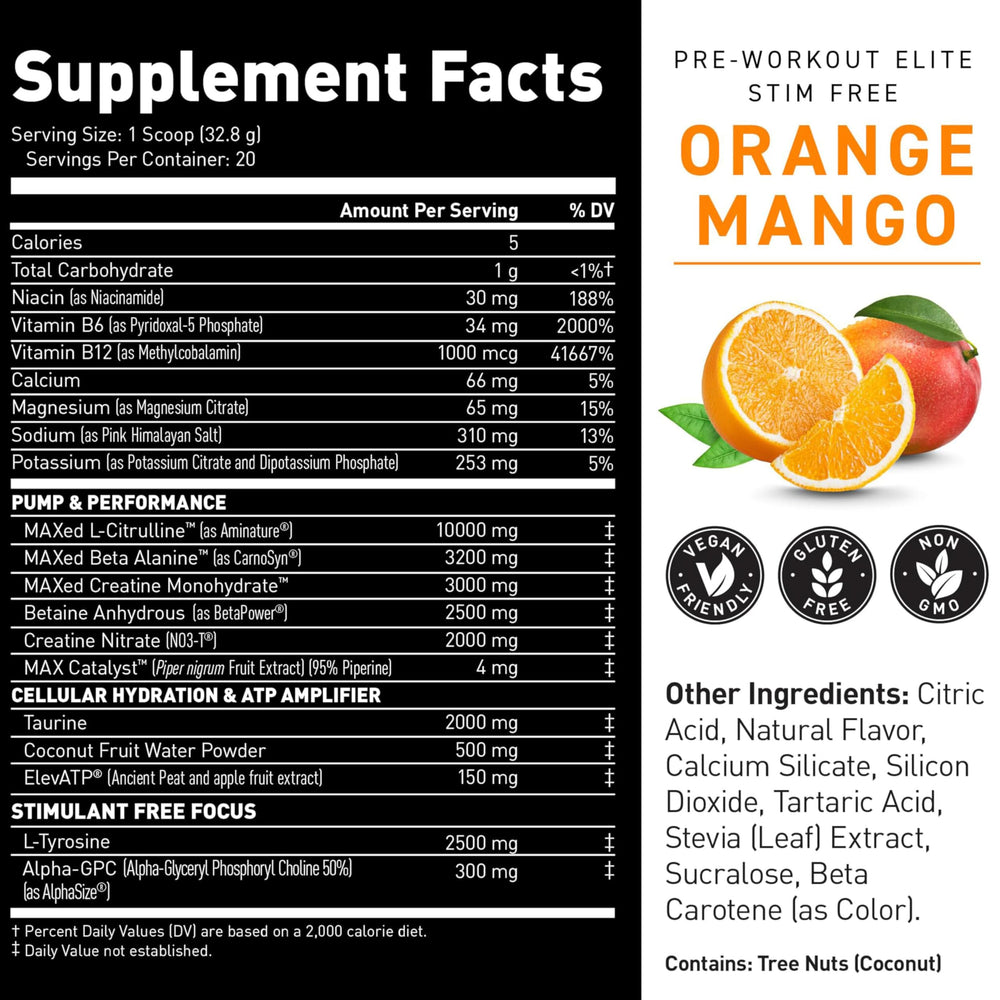 Kaged Pre Workout Elite Stim Free Orange Mango bottle emphasizes patented creatine HCl.
