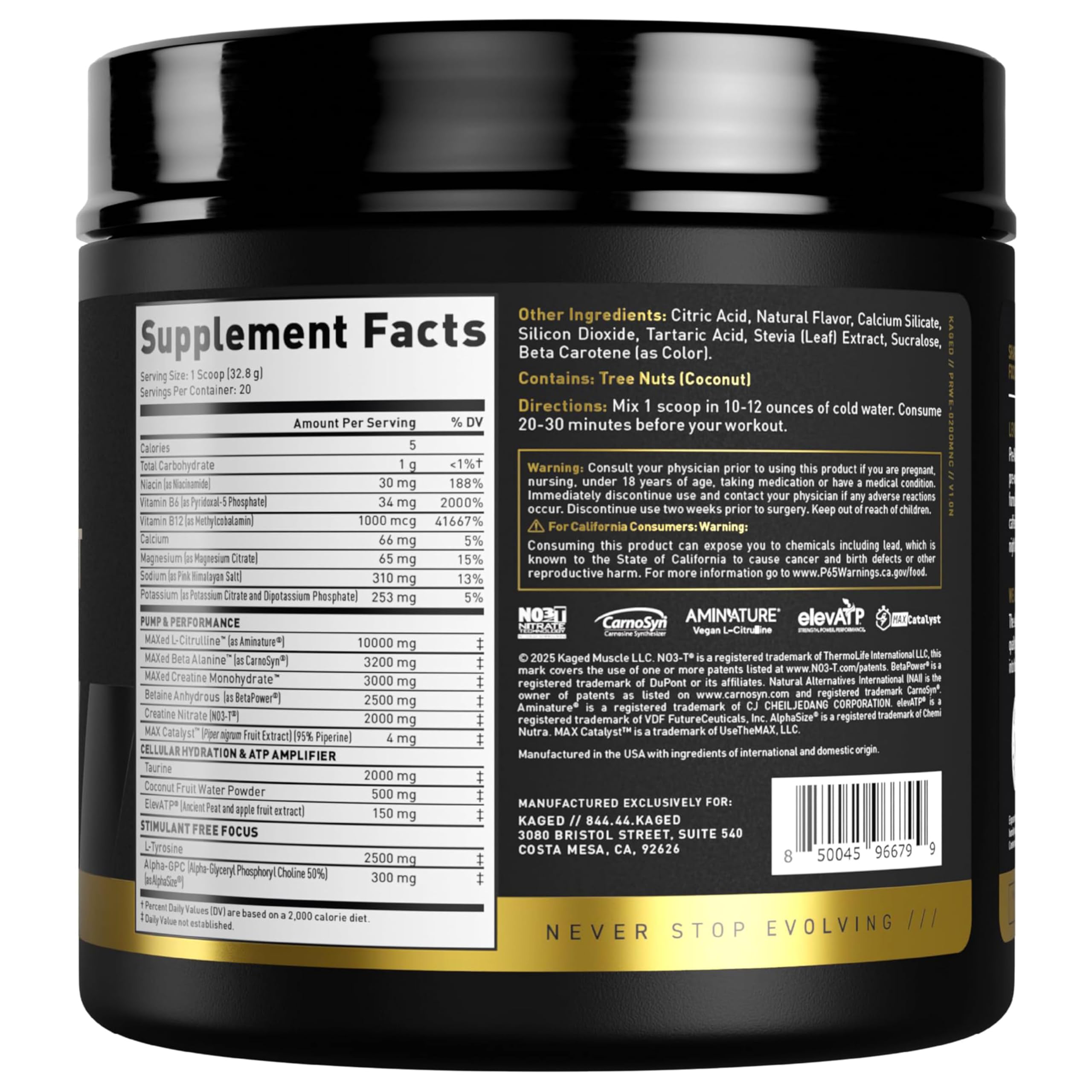 Kaged Pre Workout Elite Stim Free Orange Mango nutrition label for informed dosing.