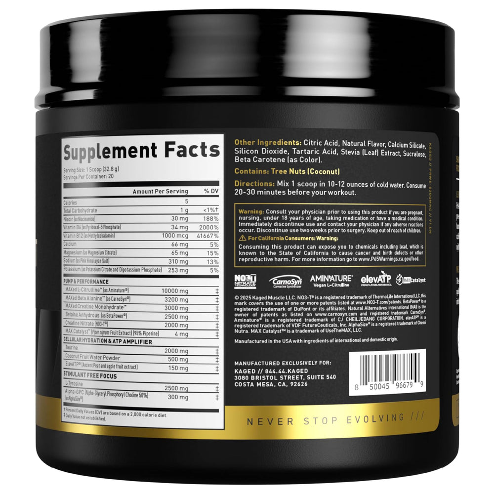 Kaged Pre Workout Elite Stim Free Orange Mango nutrition label for informed dosing.