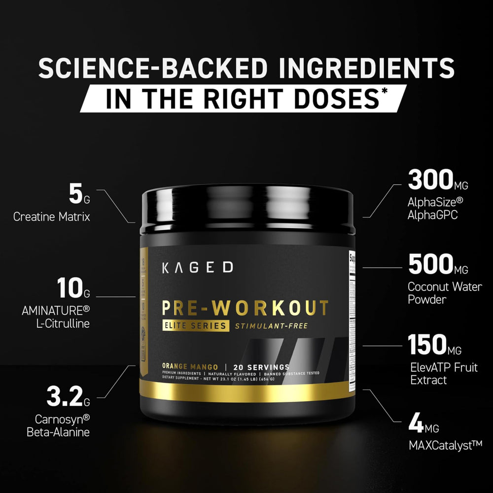 Kaged Pre Workout Elite Stim Free Orange Mango scoop shows precise serving for workouts.