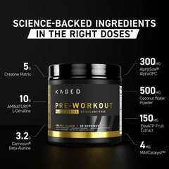 Kaged Pre Workout Elite Stim Free Orange Mango scoop shows precise serving for workouts.