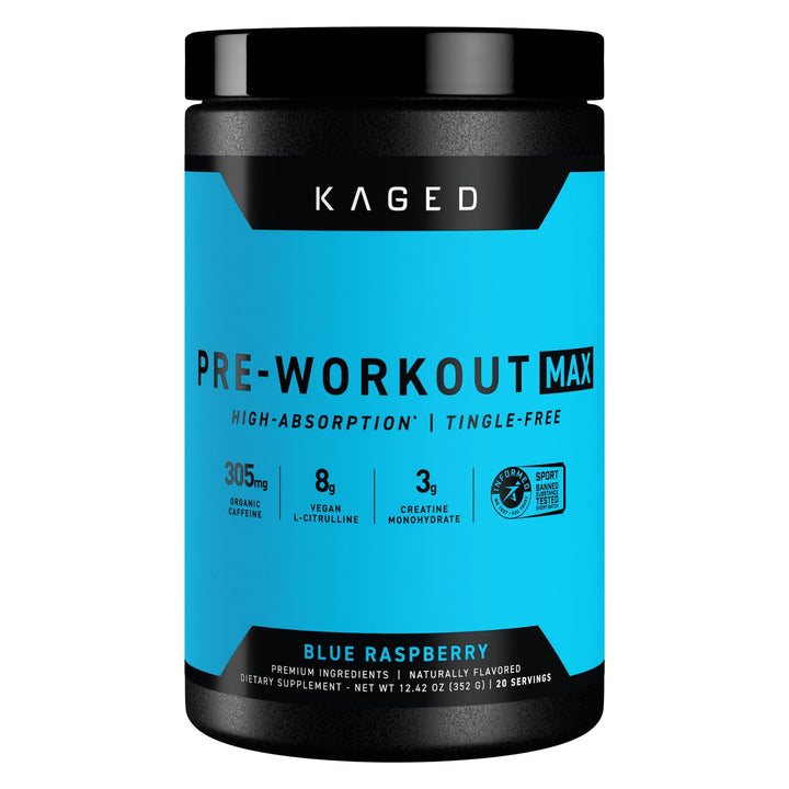 Kaged Pre-Workout MAX blue raspberry tub fuels workouts with clean energy.