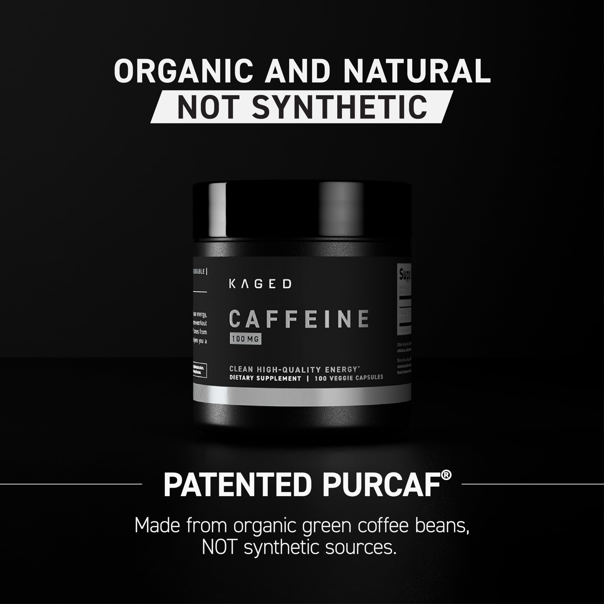 Kaged PurCaf bottle back label shows organic caffeine and transparency.
