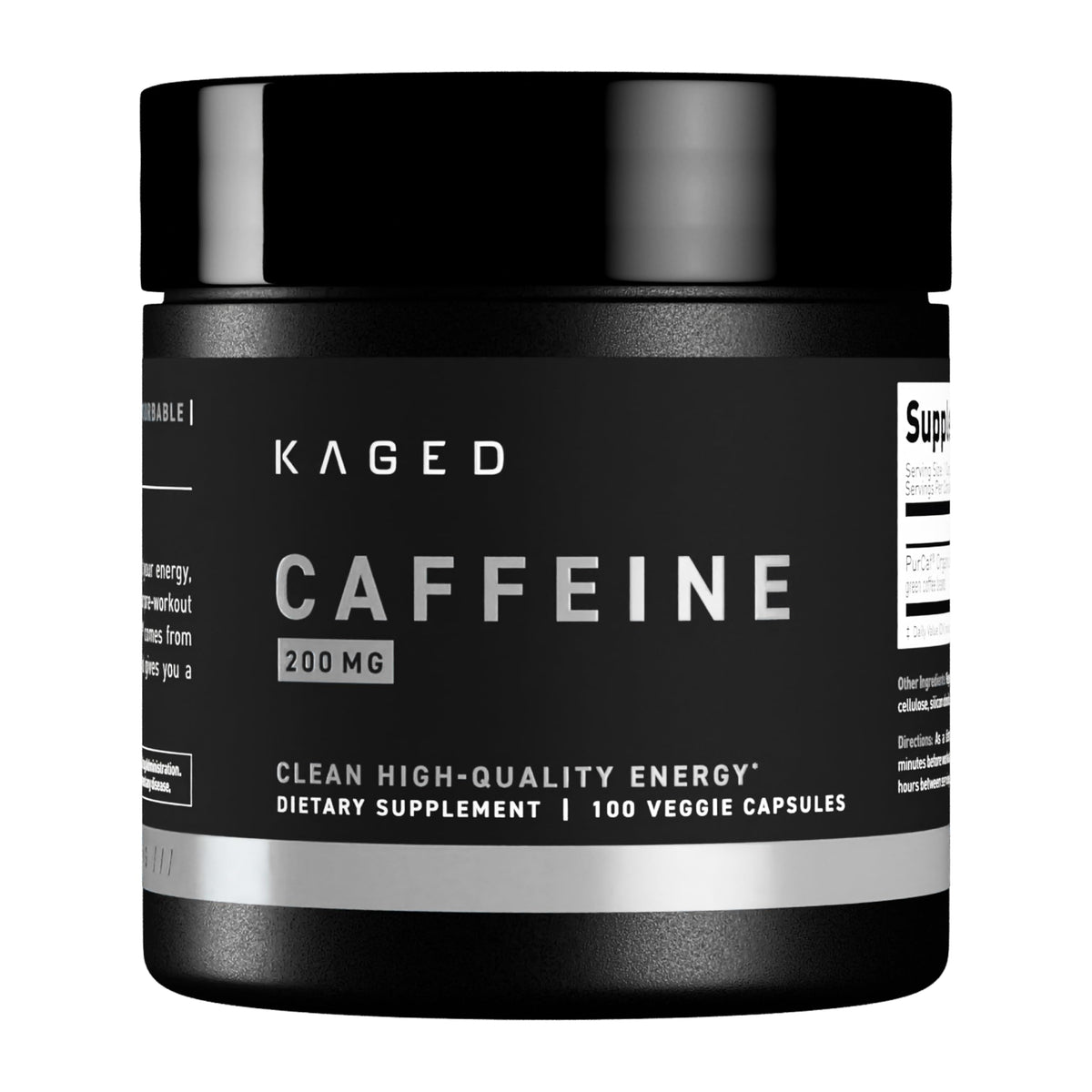 Kaged PurCaf caffeine pill bottle front for pre-workout energy.
