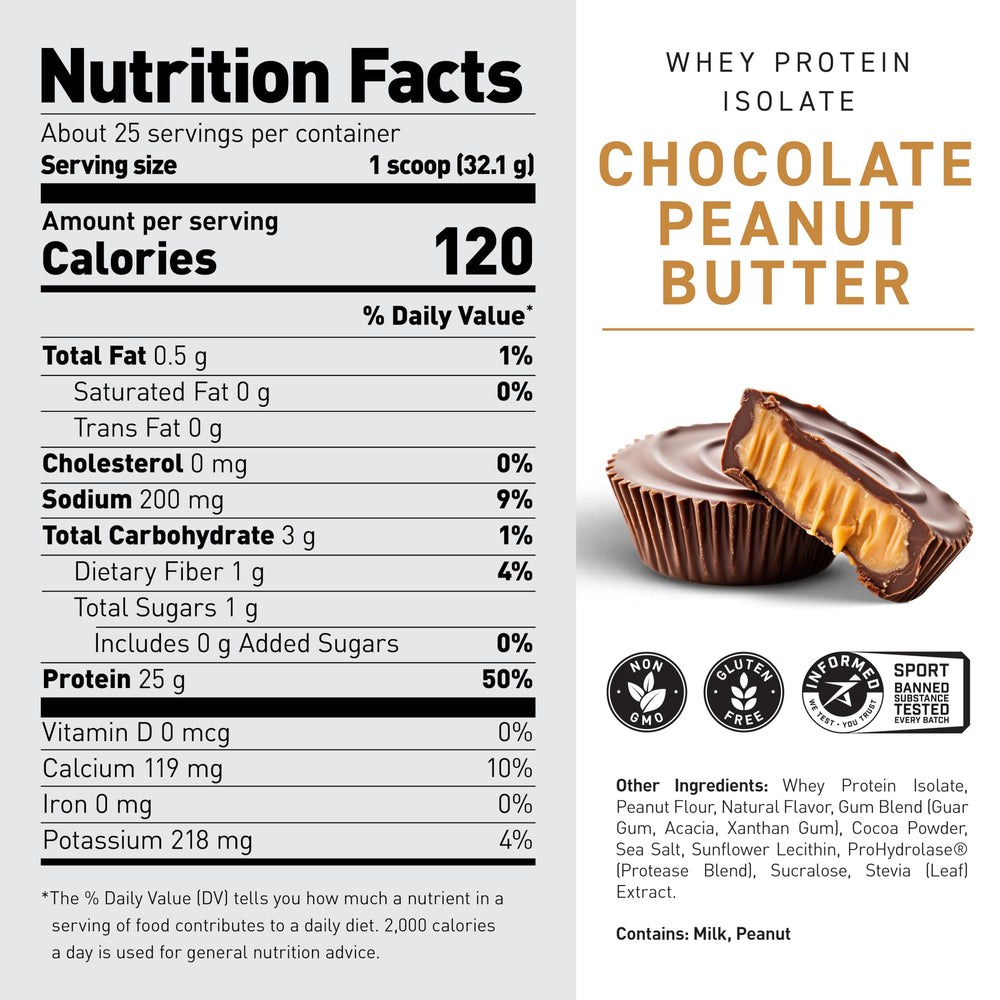 Kaged Whey Protein Isolate Chocolate Peanut Butter nutrition facts panel