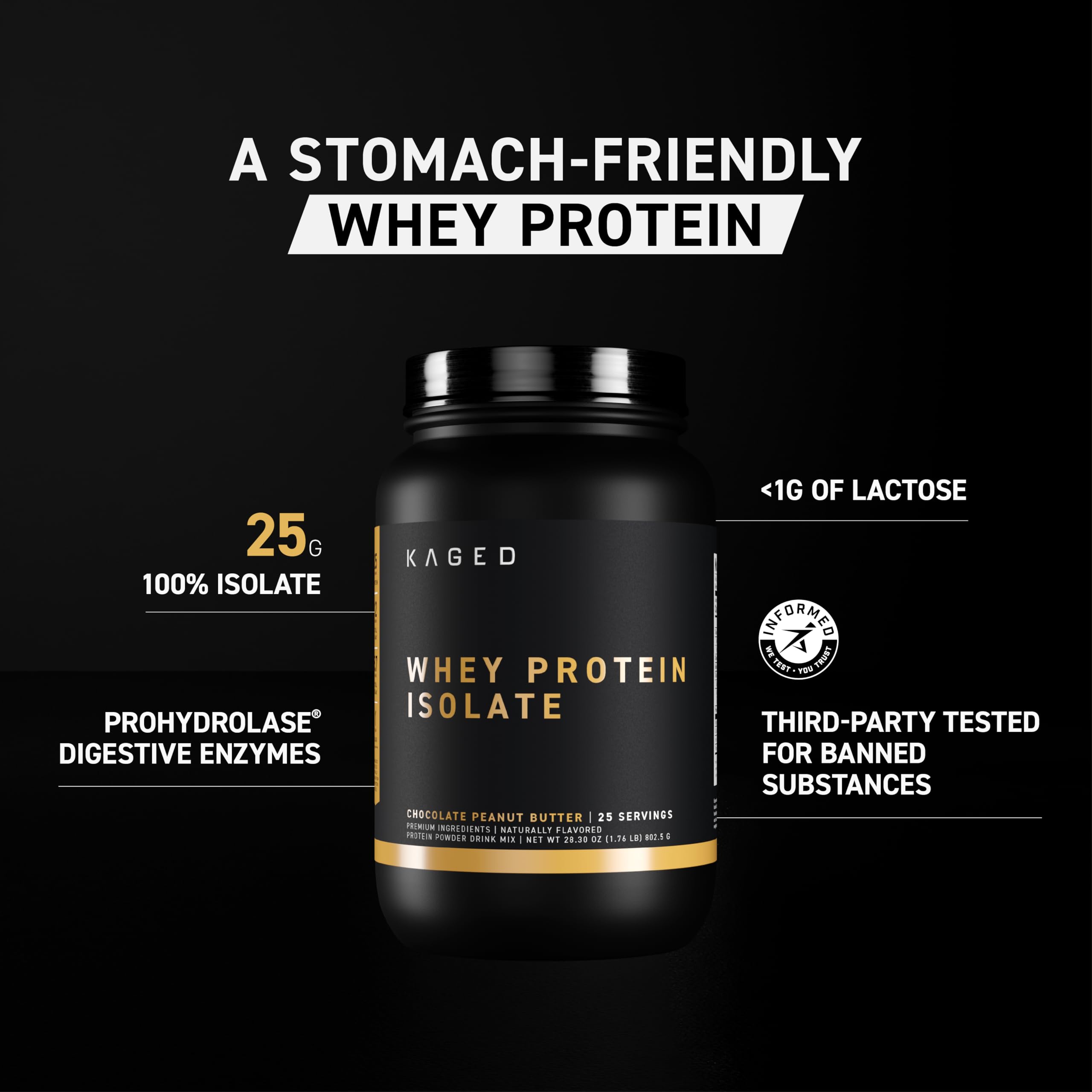Kaged Whey Protein Isolate Chocolate Peanut Butter powder highlighting smooth mix