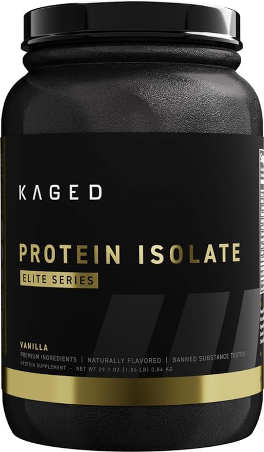 Kaged vanilla tub on kitchen counter with shaker bottle and meals for fueling workouts.