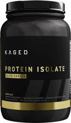 Kaged vanilla tub on kitchen counter with shaker bottle and meals for fueling workouts.