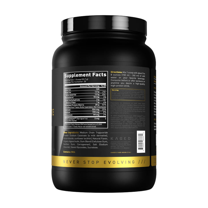Kaged vanilla protein tub with measuring scoop ready for post-workout routine.