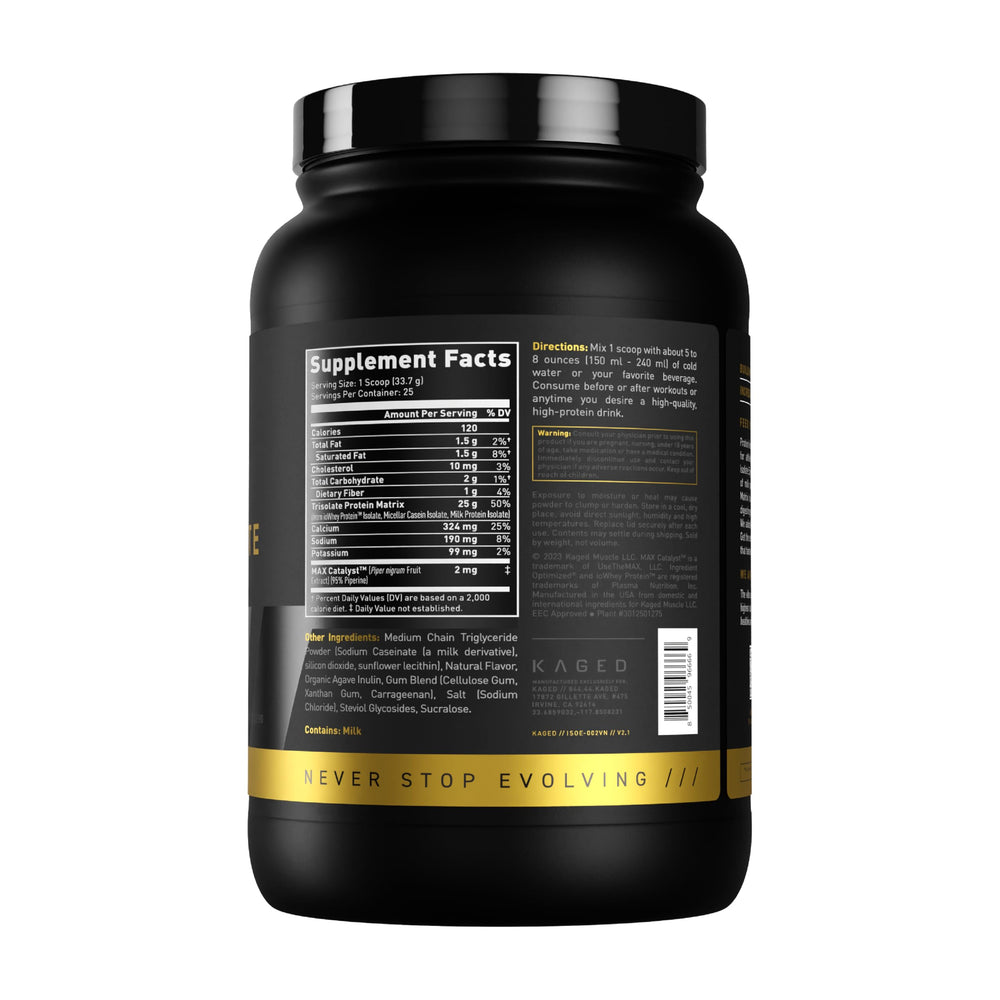 Kaged vanilla protein tub with measuring scoop ready for post-workout routine.