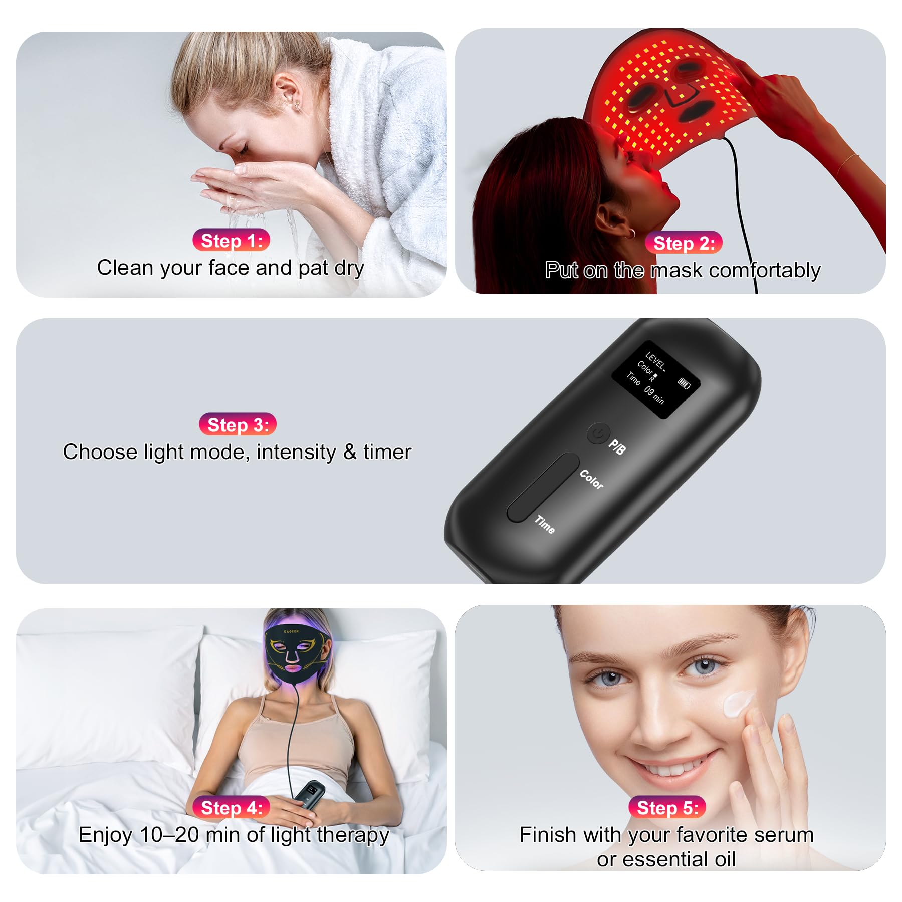 KAGEEN full-face LED coverage supports a cohesive self-care ritual.