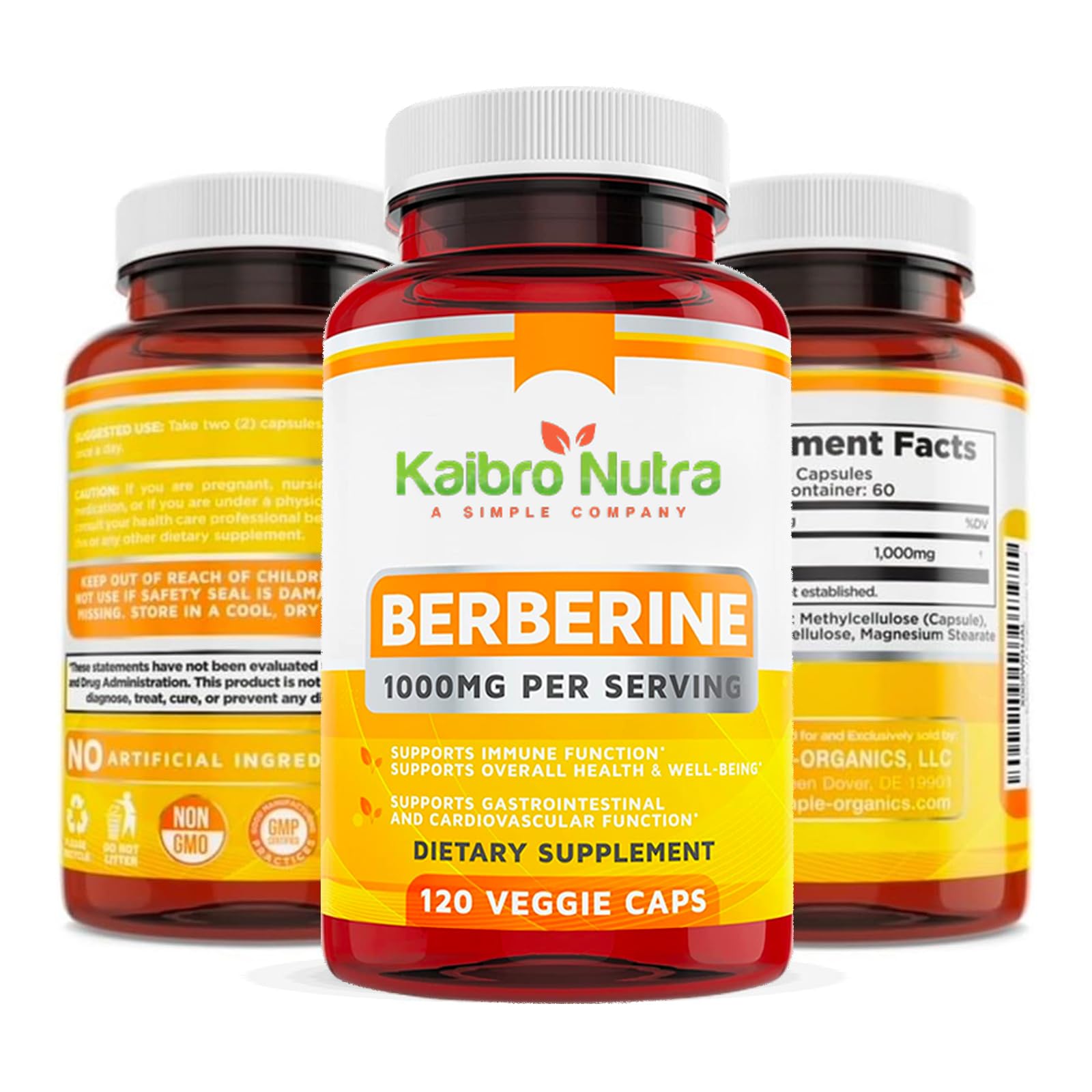 Close-up of Kaibro Nutra Berberine capsules highlighting potency.