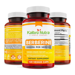 Close-up of Kaibro Nutra Berberine capsules highlighting potency.