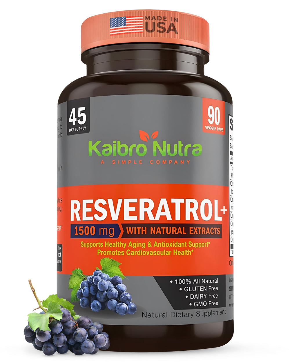 Kaibro Nutra Resveratrol bottle shows 1500mg strength for antioxidant support.
