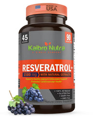 Kaibro Nutra Resveratrol bottle shows 1500mg strength for antioxidant support.