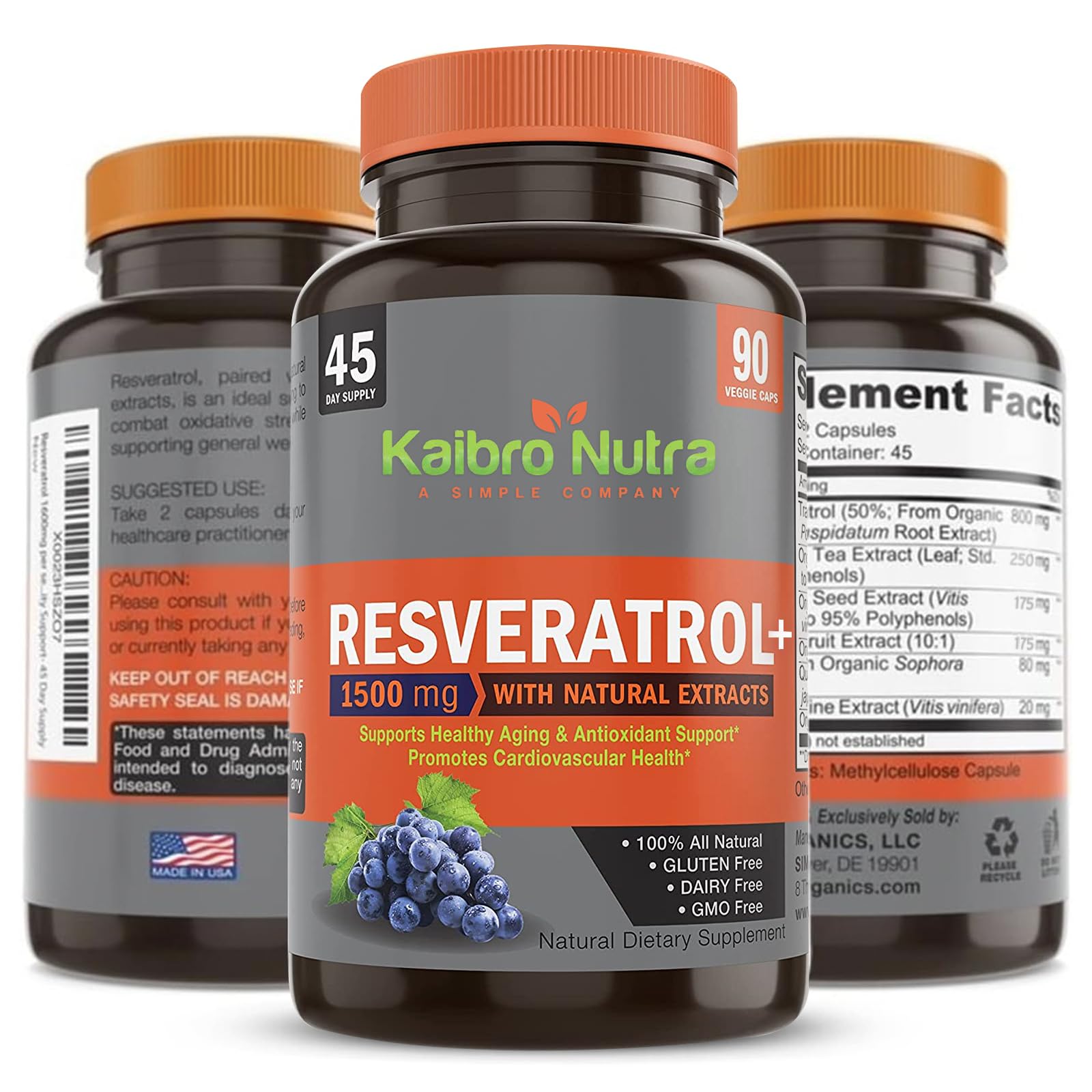 Close-up of Kaibro Nutra Resveratrol capsules for daily wellness.