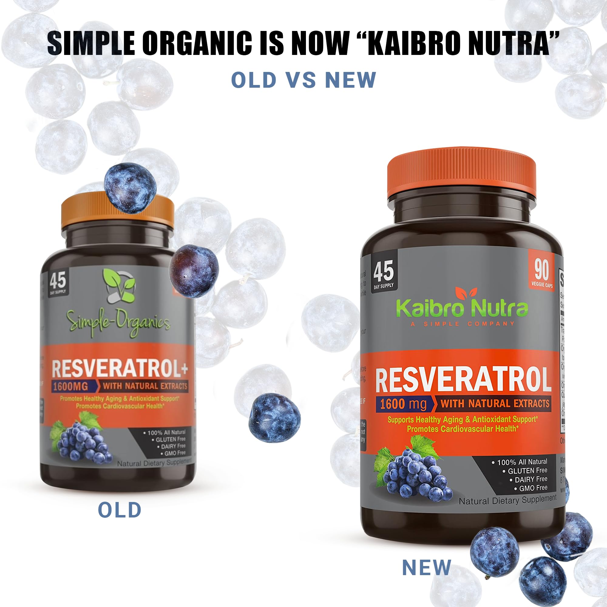 Kaibro Nutra Resveratrol label highlights vegan and non-GMO features.