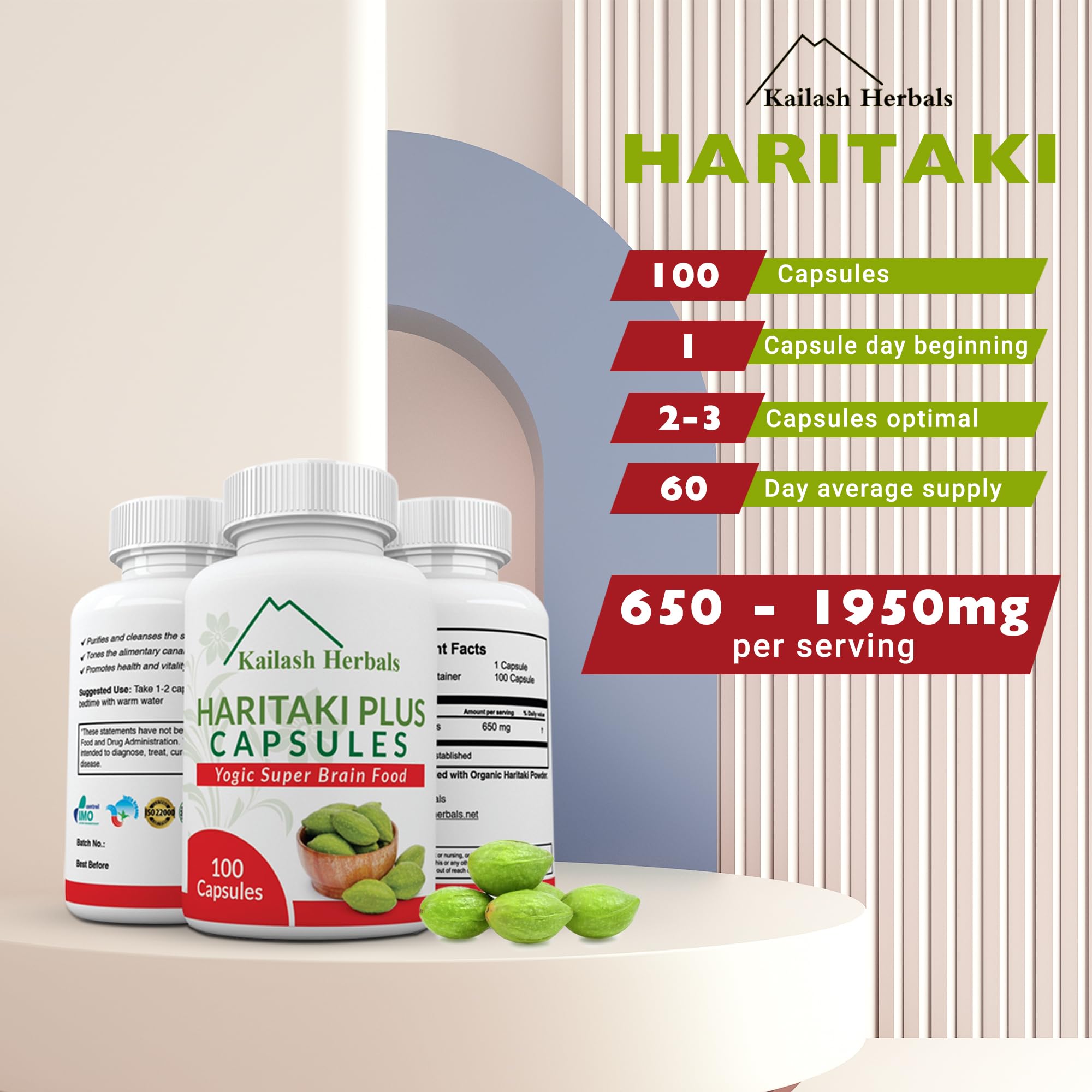 Kailash Herbals Haritaki capsules in hand signals portable daily support.