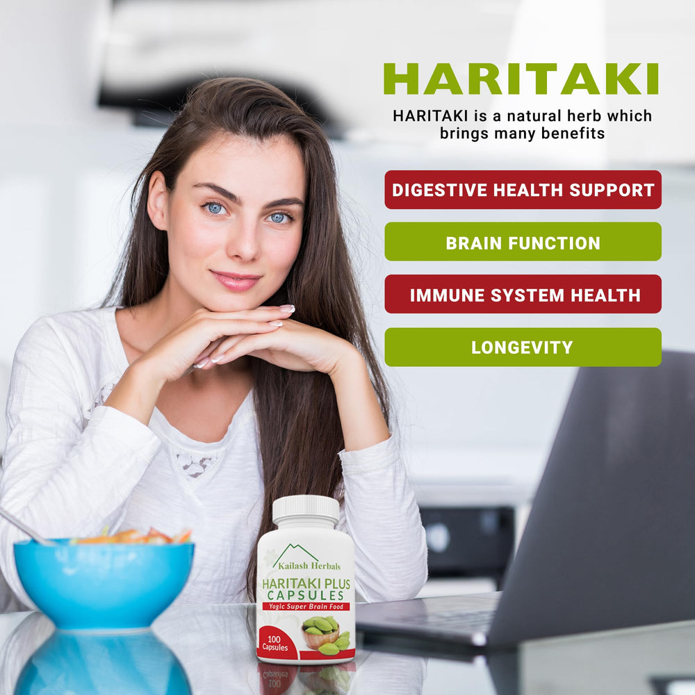 Kailash Herbals Haritaki capsules label closeup confirms organic and vegan.