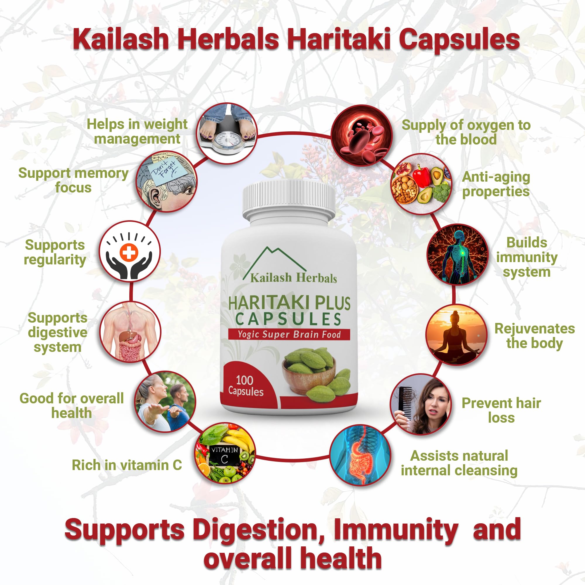 Kailash Herbals Haritaki capsules packaging on table highlights 100 capsules.
