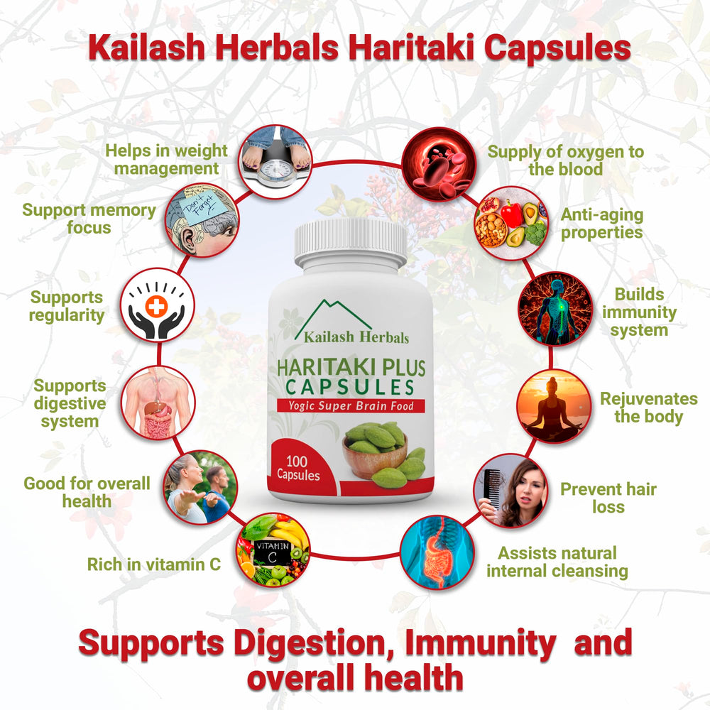 Kailash Herbals Haritaki capsules packaging on table highlights 100 capsules.