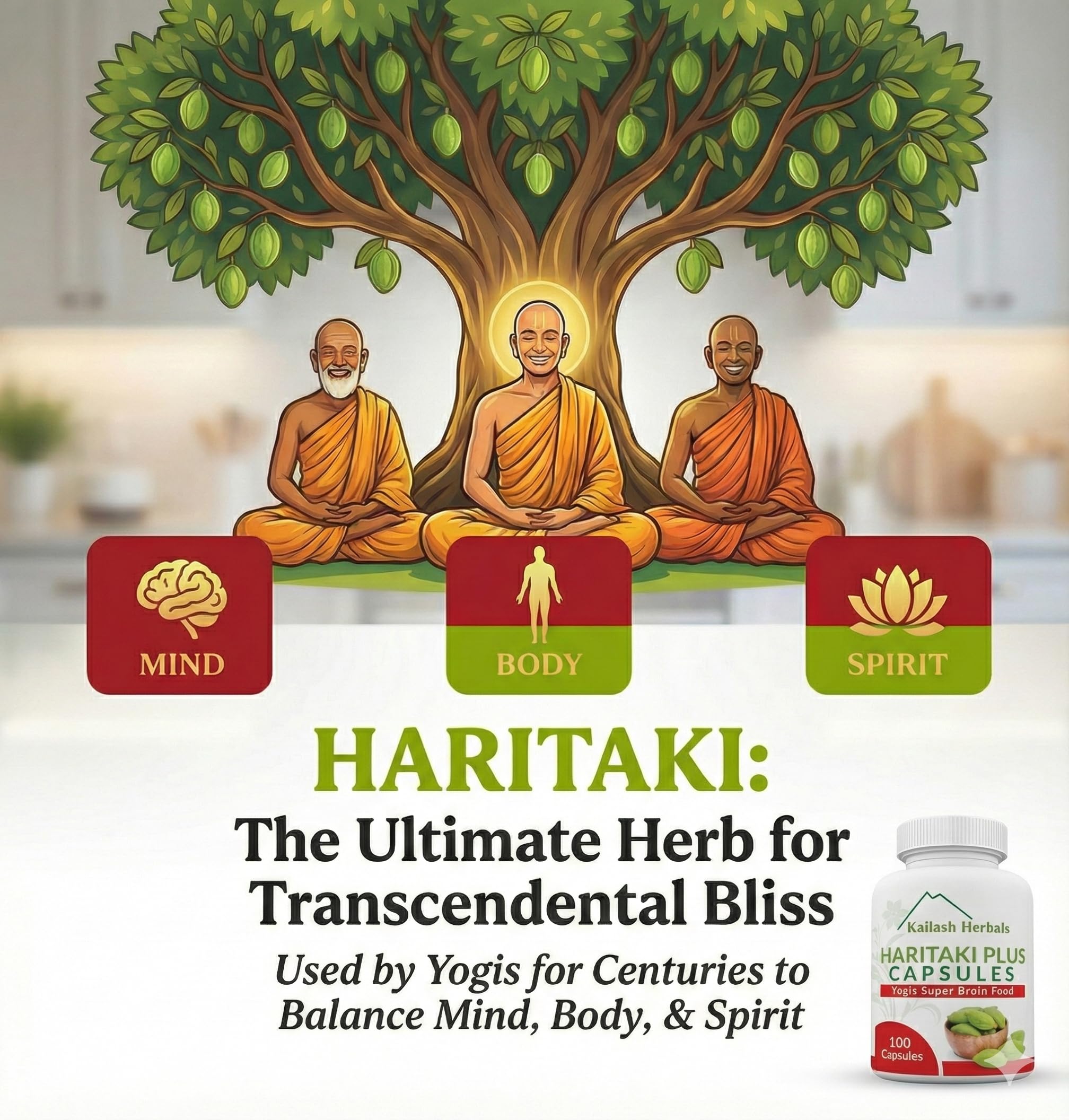 Kailash Herbals Haritaki capsules pour shot indicates convenient daily use.
