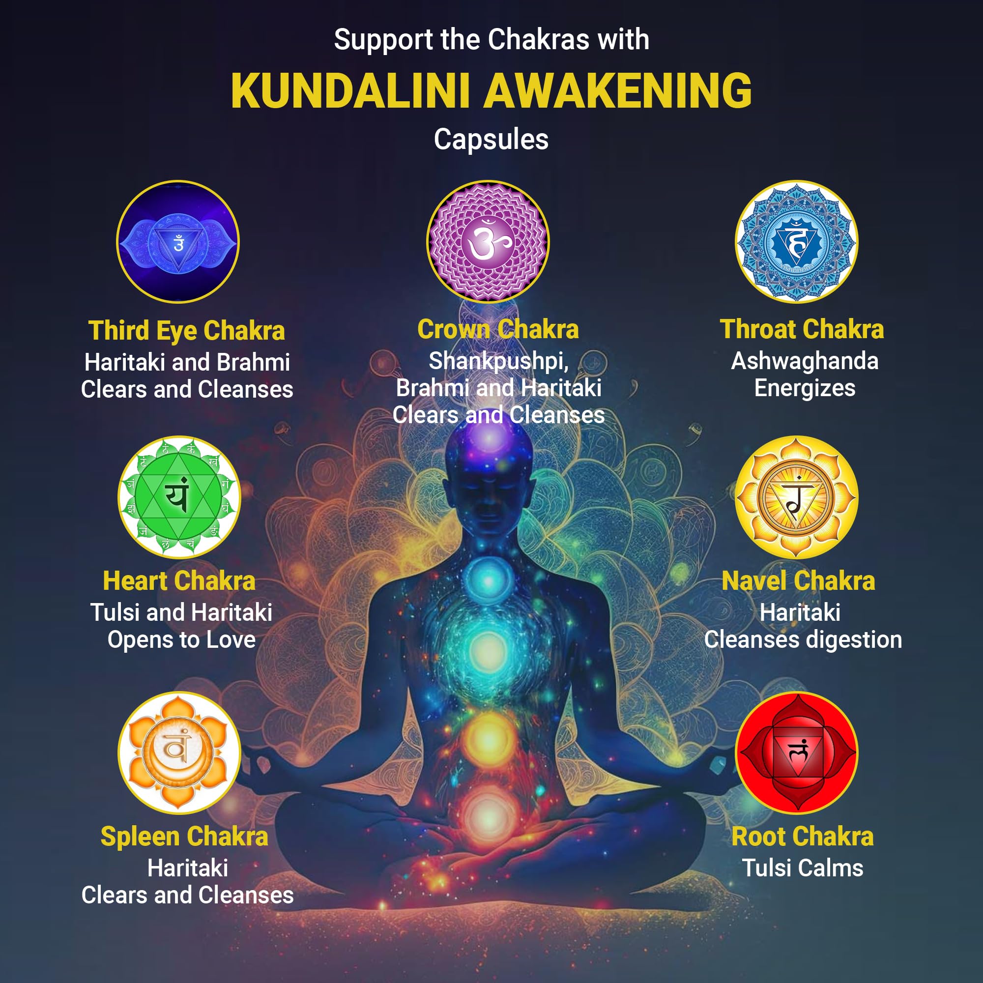 Kailash Herbals Kundalini Awakening bottle on a meditation mat to boost focus