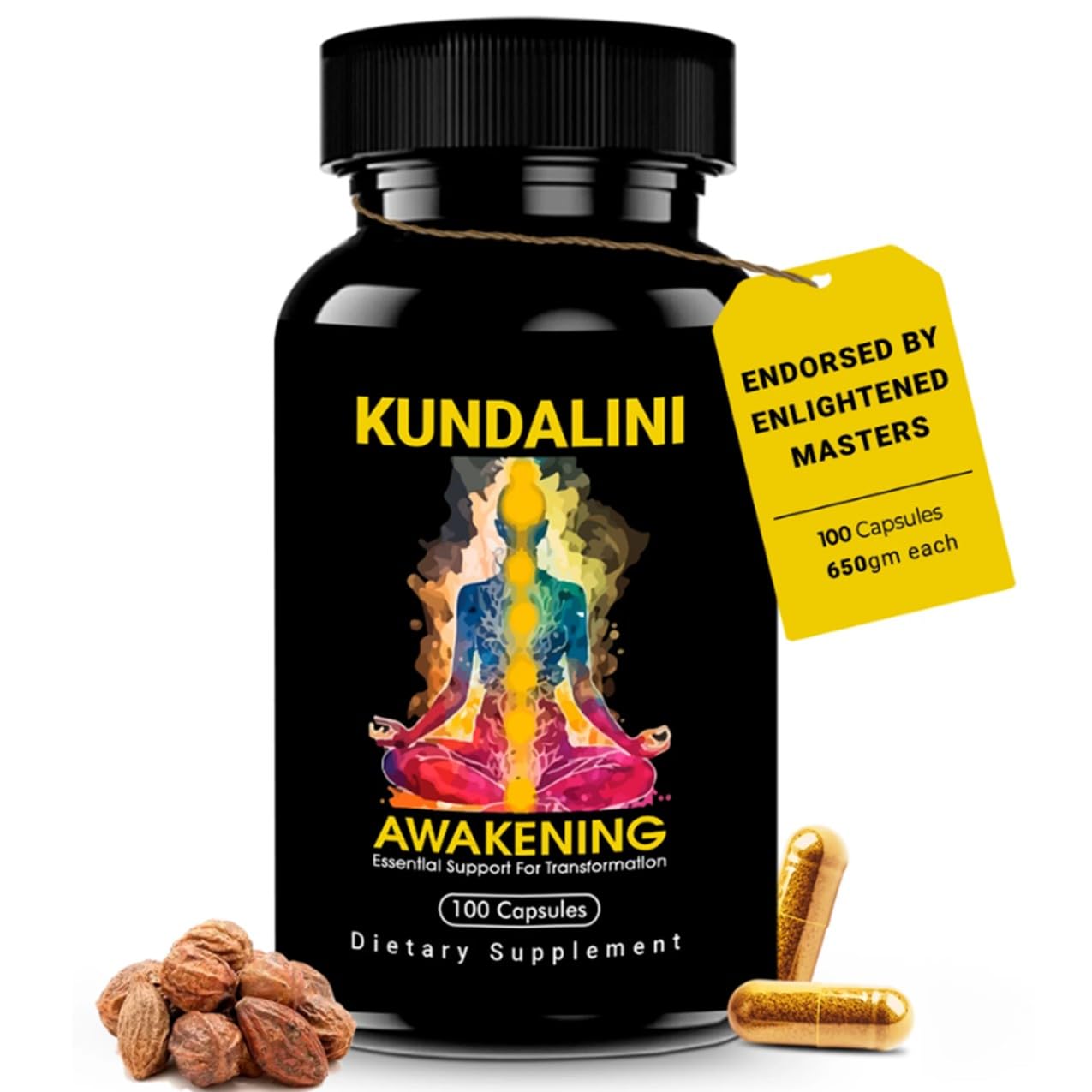 Closeup of Kailash Herbals Kundalini Awakening capsules showing vegan caffeine free formula