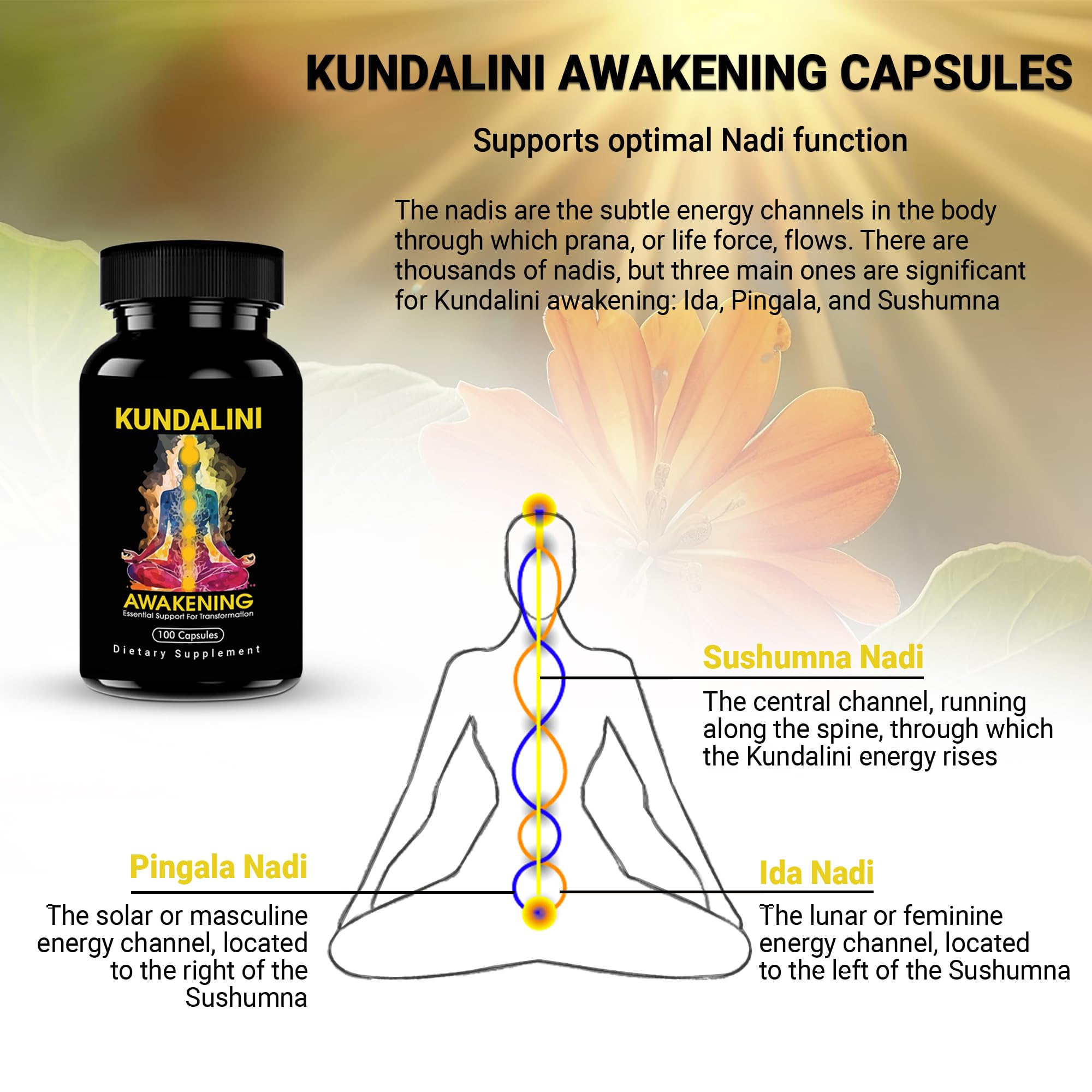 Desk view of Kailash Herbals Kundalini Awakening bottle beside calming aromatherapy elements