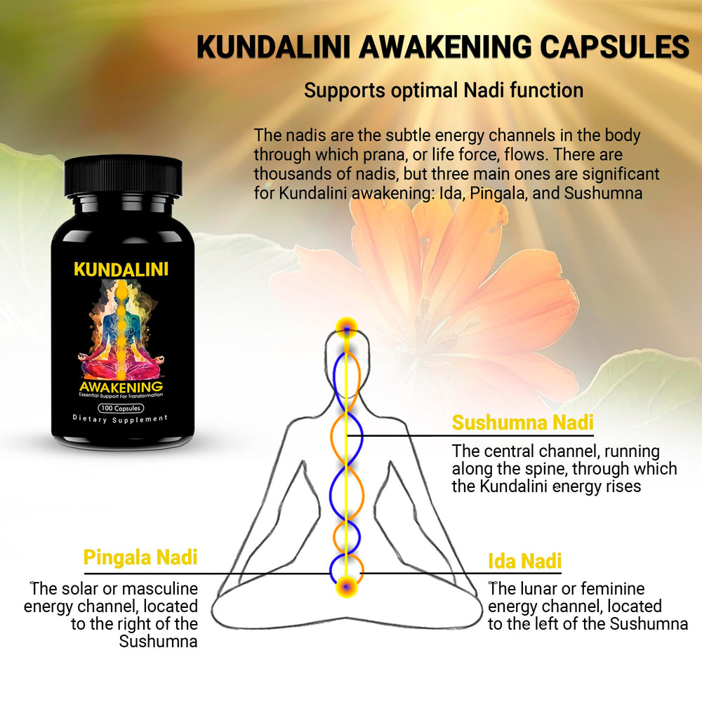 Desk view of Kailash Herbals Kundalini Awakening bottle beside calming aromatherapy elements