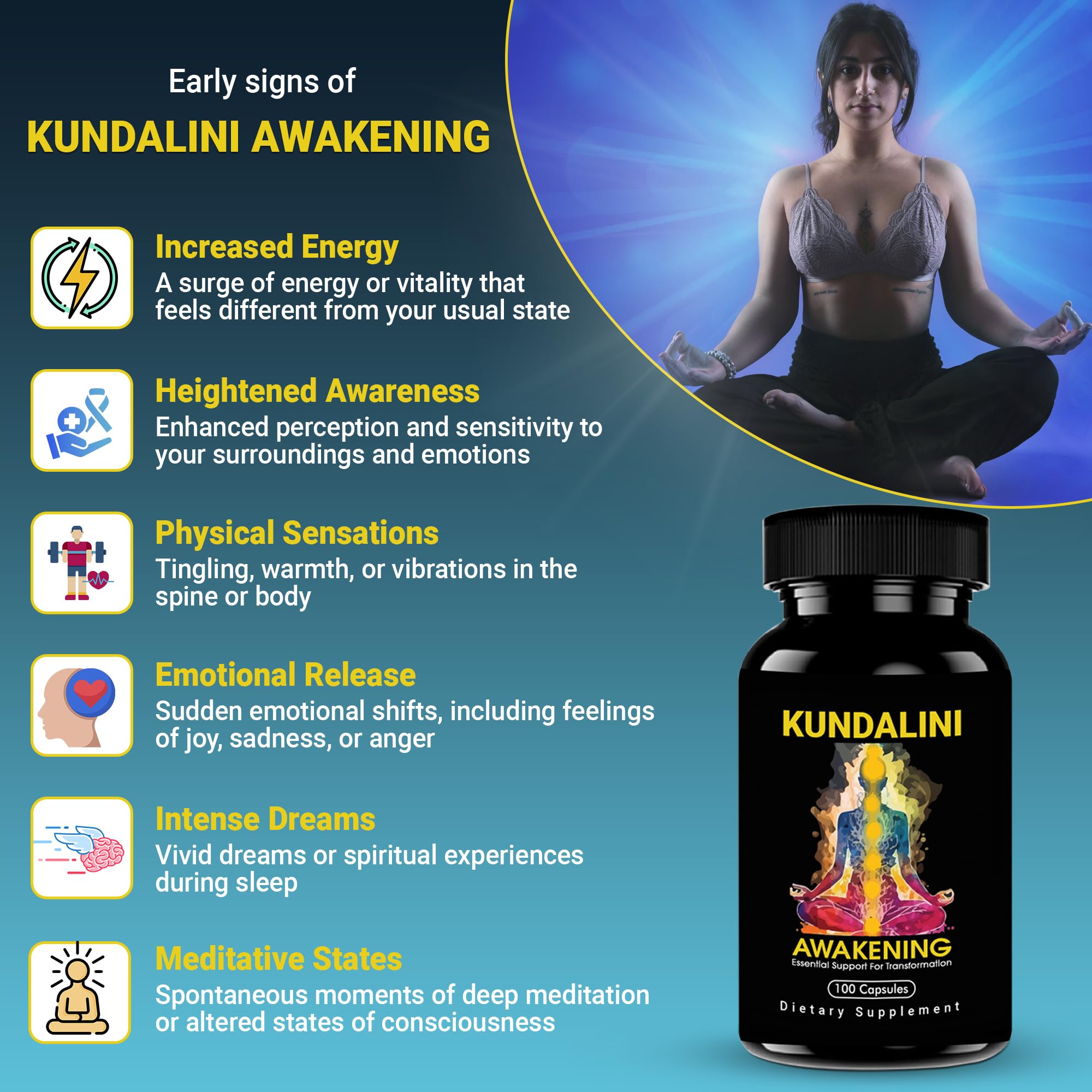 Capsules label of Kailash Herbals Kundalini Awakening highlighting Ayurvedic blend