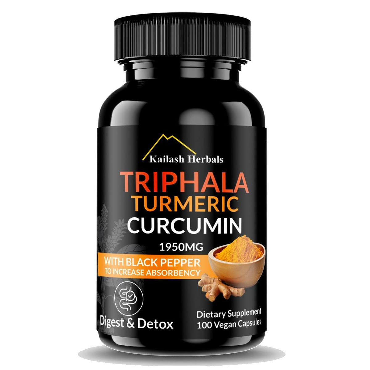 Kailash Herbals Triphala Turmeric Curcumin bottle with label highlighting digestion support