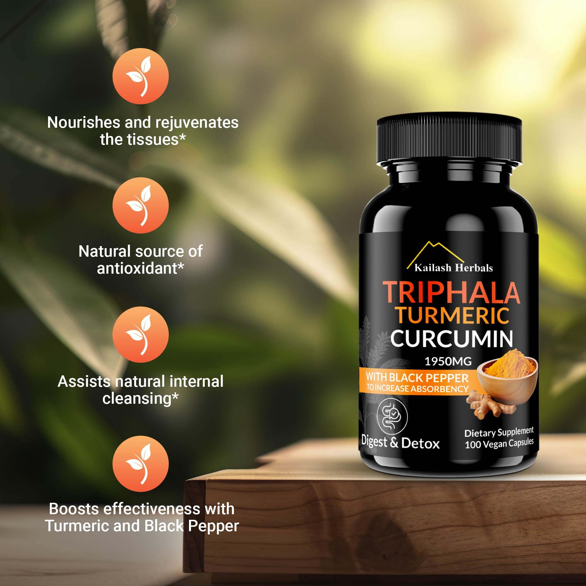 Kailash Herbals Triphala Turmeric Curcumin capsules ready for daily wellness routine