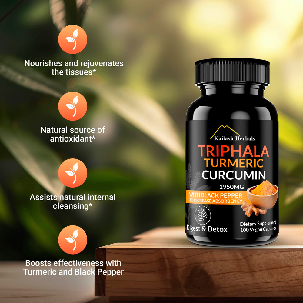 Kailash Herbals Triphala Turmeric Curcumin capsules ready for daily wellness routine