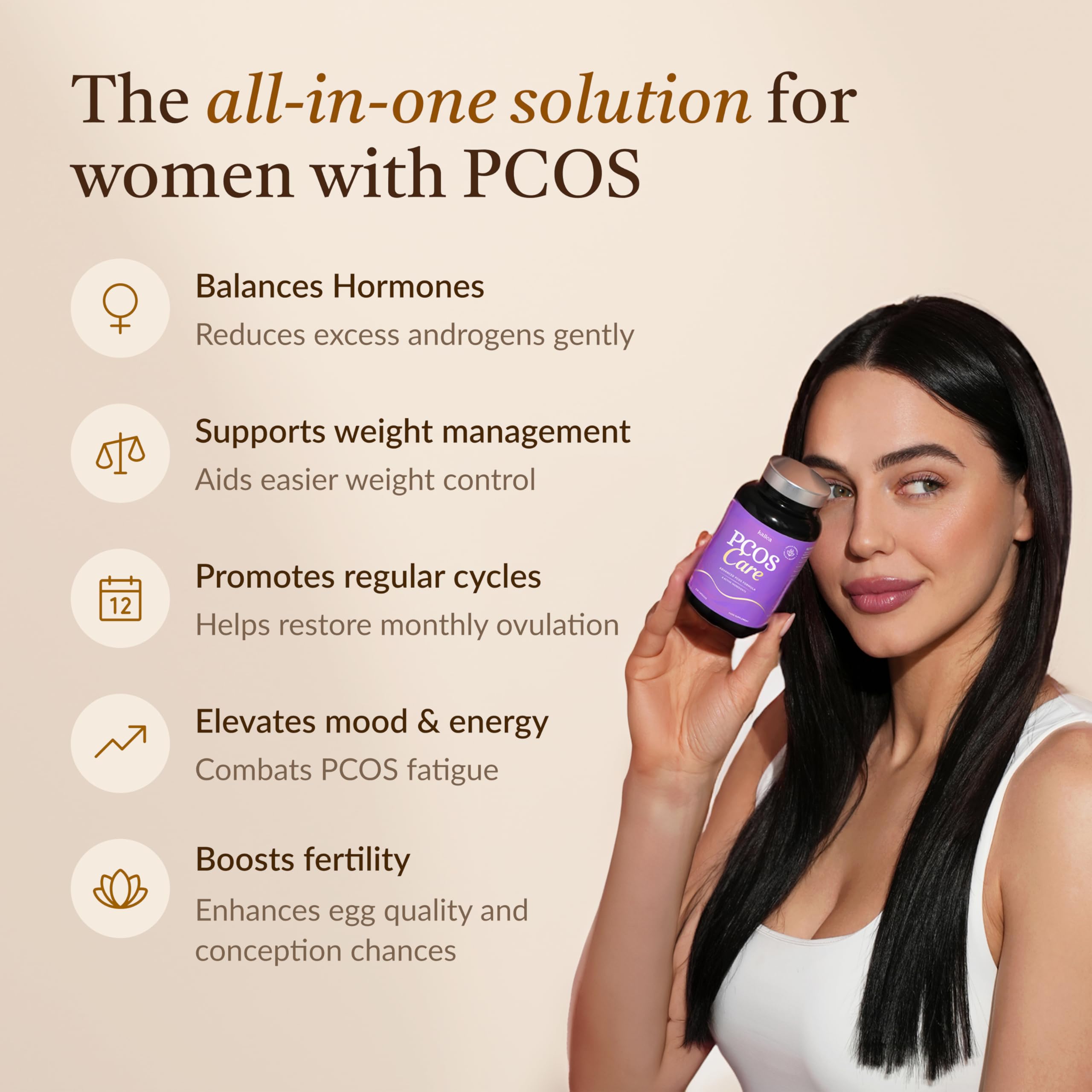 Kailea capsules close-up reveal the 8-in-1 formula for convenient daily balance.