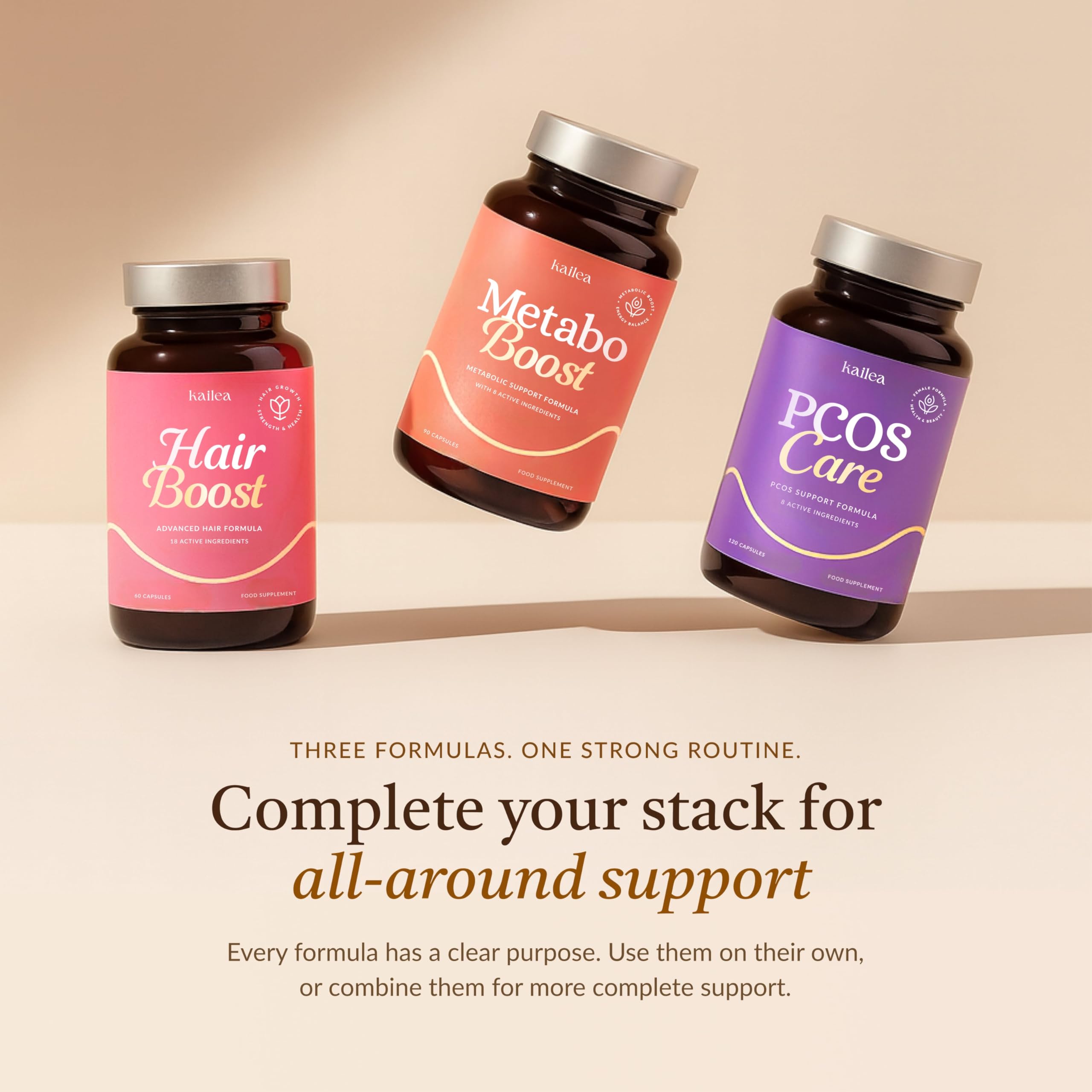 Kailea cycle-balance illustration conveys ovarian health concepts alongside the product.