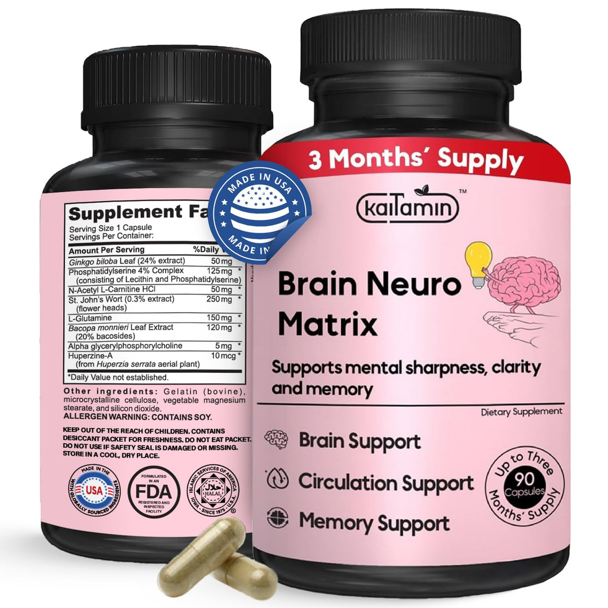 Kaitamin Memory & Focus bottle on desk; supports sharper thinking during study sessions.