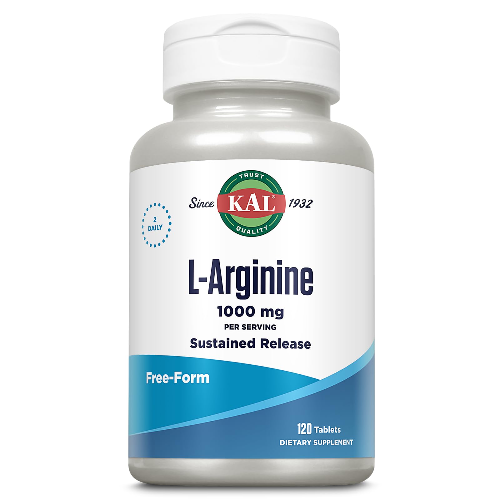 KAL 1000 mg L-Arginine tablets bottle front view for circulatory support.