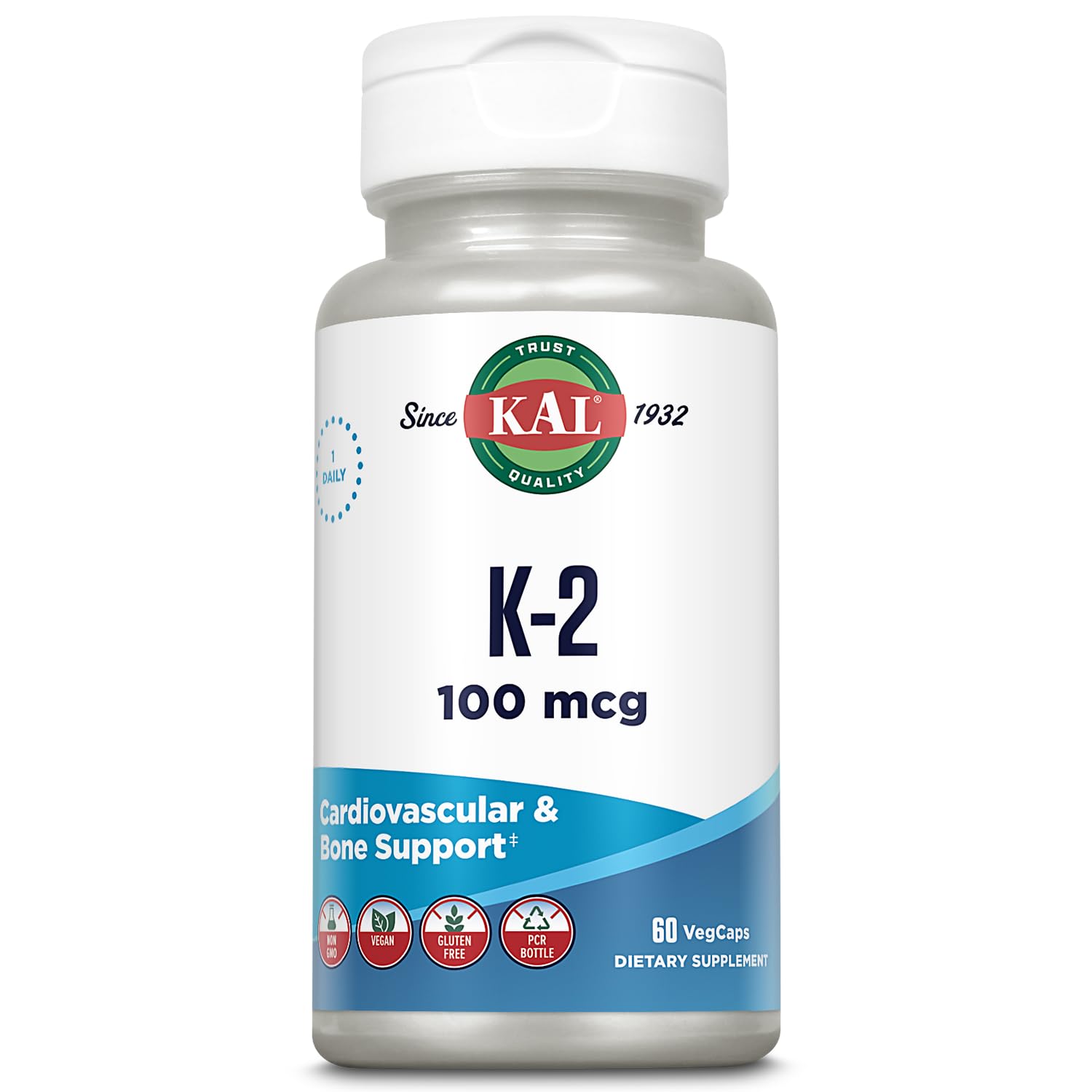 KAL Kal 100 mcg K2 MK-7 tablets bottle for bone and cardiovascular support