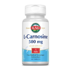 KAL 500 mg L-carnosine tablets bottle with capsules, highlighting cellular longevity and antioxidant protection