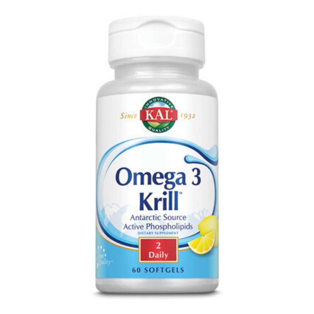 Kal 500 mg krill oil bottle highlights omega-3 and astaxanthin for heart, joints, and immune support.