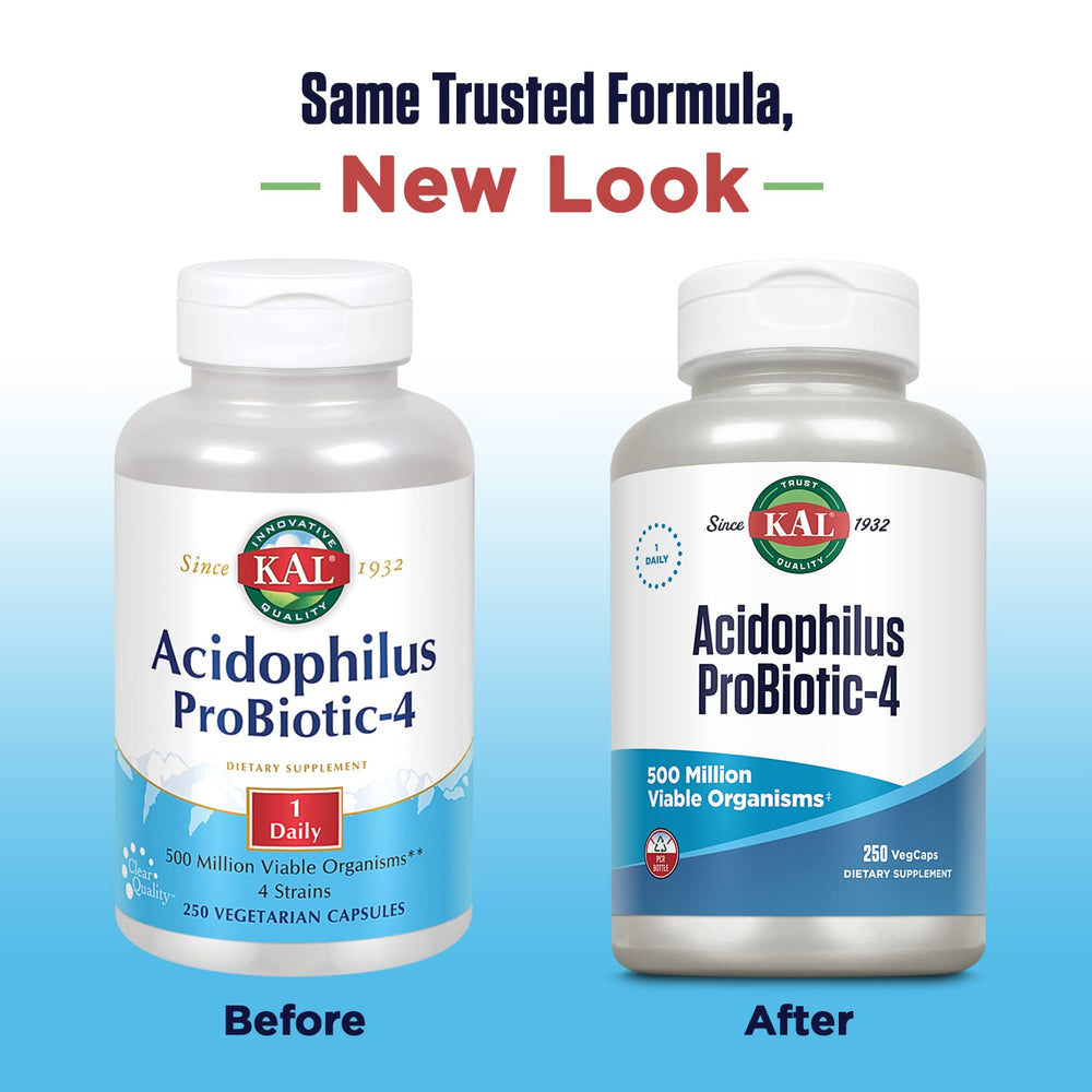 KAL Acidophilus ProBiotic-4 capsules beside the bottle for convenient daily use