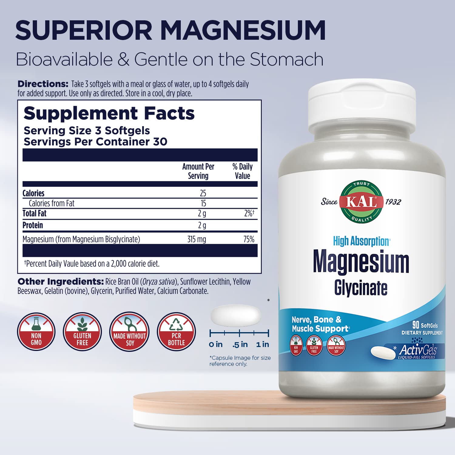 Kal ActivGels softgels closeup emphasizes smooth texture for easy swallowing.