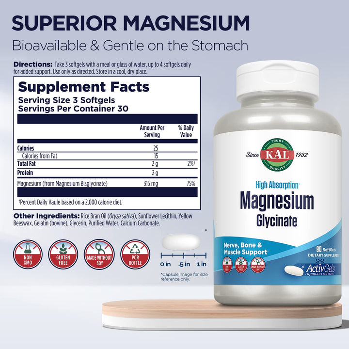 Kal ActivGels softgels closeup emphasizes smooth texture for easy swallowing.
