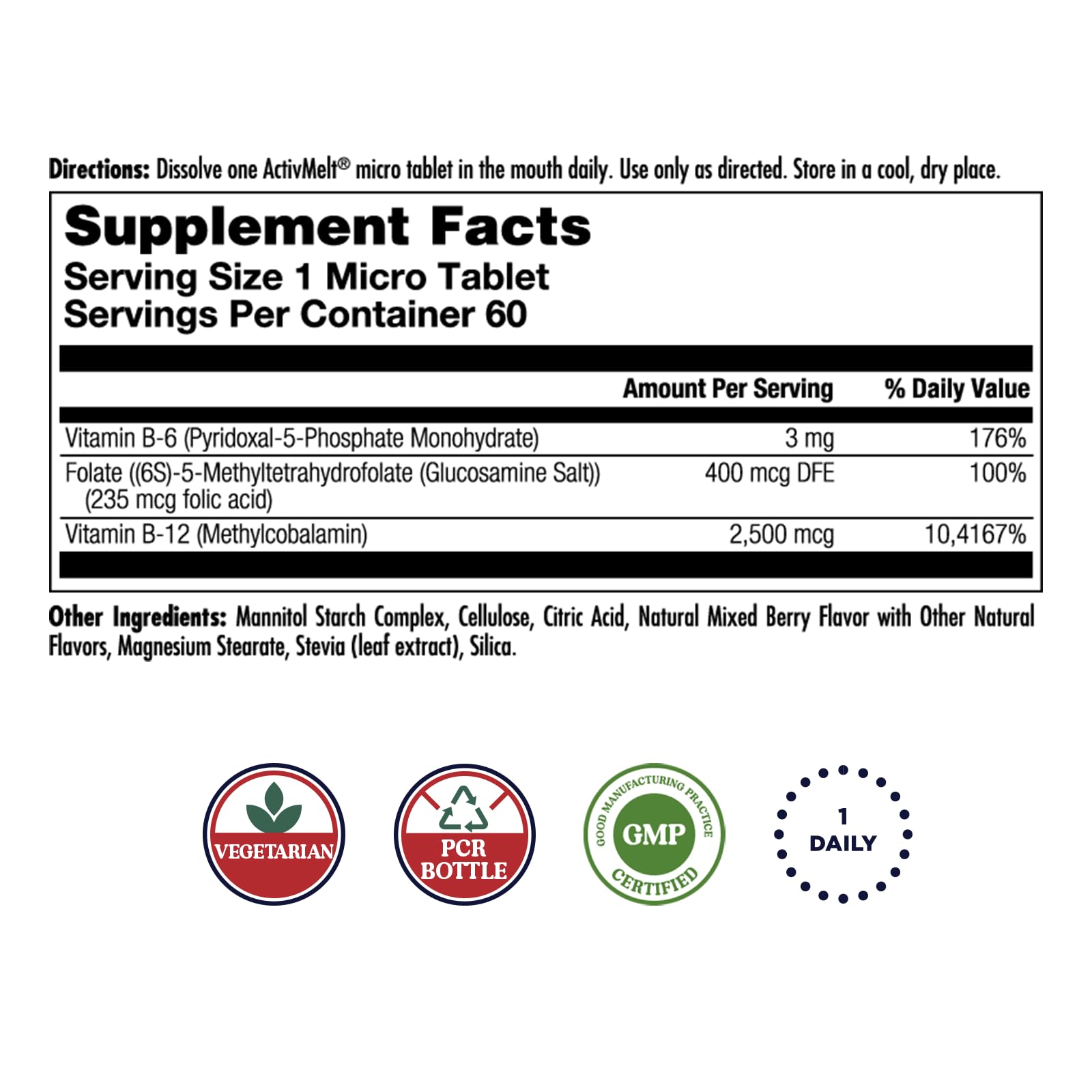 KAL ActivMelt berry flavor bottle closeup showing a vegetarian, sugar-free vitamin blend.