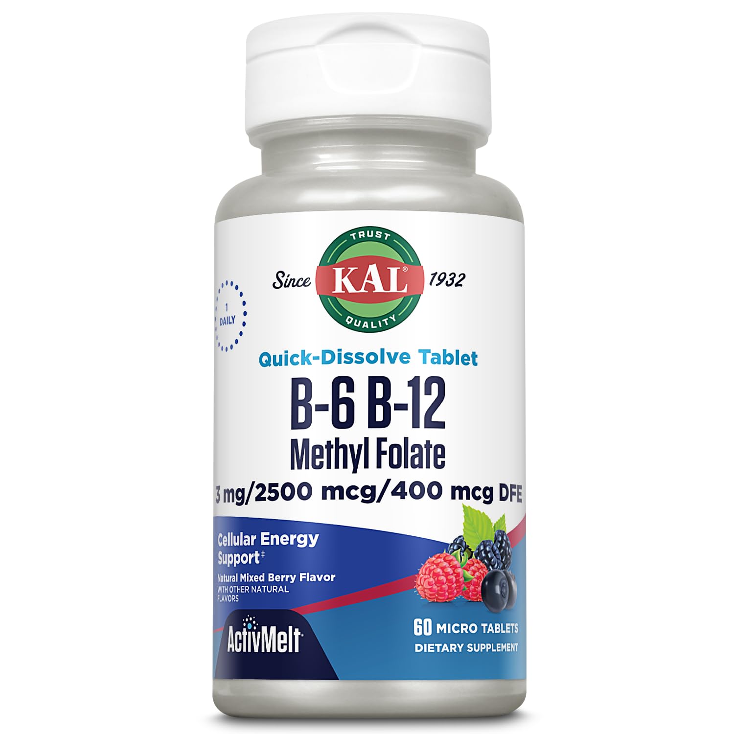 KAL ActivMelt micro tablets dissolve quickly with berry flavor for easy daily use.