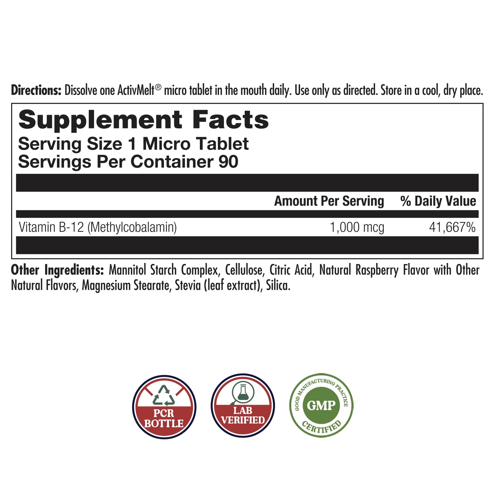 Close-up of KAL ActivMelt raspberry tablets highlighting on-tongue dissolving format.