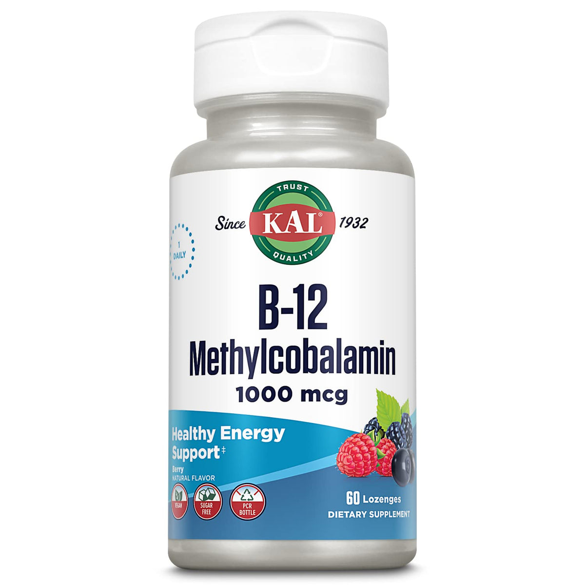 Kal B12, botella con bolitas masticables para energía diaria.