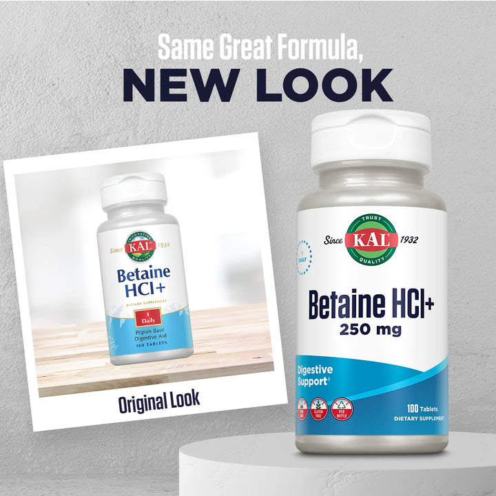 KAL Betaine HCl with Pepsin capsules close-up for balanced stomach acids