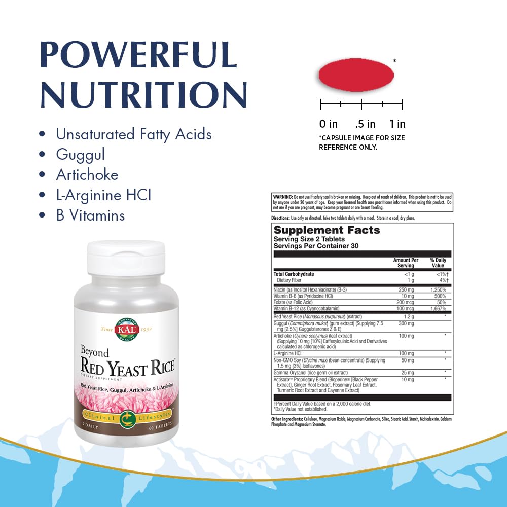 Kal Beyond Red Yeast Rice label shows clinical formula with B vitamins and botanicals.